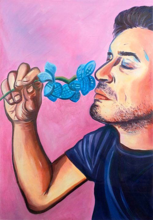 Fleur bleue, peinture à l'huile, art contemporain, art figuratif, pauline girard